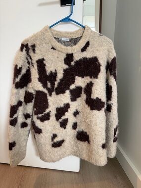 Zara Beige Crewneck Sweater with Dark Brown Abstract Pattern